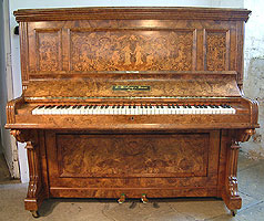 Bishop Upright Piano with an Intricately Inlaid Walnut Case. Inlaid with Grecian Ladies, Cherubs and Musical Intruments Artcased, Inlaid Bishop Upright piano