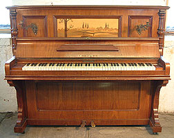 Cahn & Cahn Upright Piano, Inlaid with a Japanese Landscape and Brass Candlesticks Artcased, Cahn & Cahn upright piano