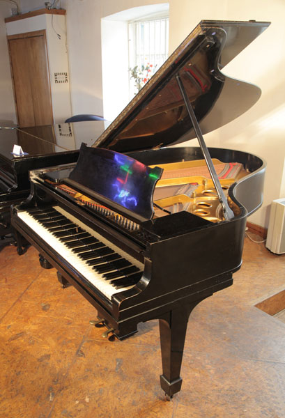 A 1922, Steinway Model O grand piano with a black case and spade legs. Piano has eighty-eight notes and a two pedal lyre 