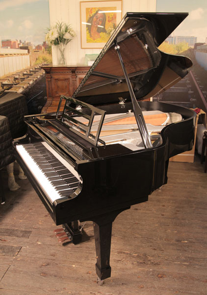 Brand new, Feurich Model 178 Professional grand piano with a black case, gun metal frame and chrome fittings. Piano has an eighty-eight note keyboard and a three-pedal piano lyre. 