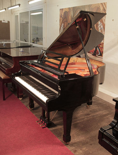 Reconditioned,  Feurich Model 161 Professional  grand piano with a black case and spade legs. Piano has an eighty-eight note keyboard and a three-pedal piano lyre.  