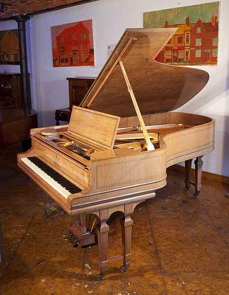 Restored, 1906, Steinway Model B grand piano for sale with a satinwood case and brass fittings. Piano has an eighty-eight note keyboard and a three-pedal lyre