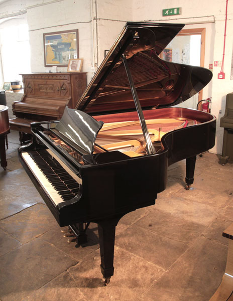 Reconditioned, 1975,   Steinway Model B grand piano for sale with a black case and spade legs. Piano has a three-pedal lyre and an eighty-eight note keyboard. 