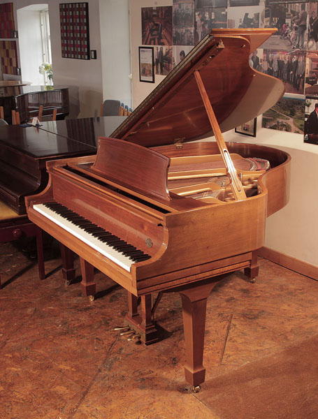 Crown Jewel Collection, 1997, Steinway Model S baby grand piano for sale with a polished, walnut case and spade legs. Piano has an eighty-eight note keyboard and a three-pedal lyre 