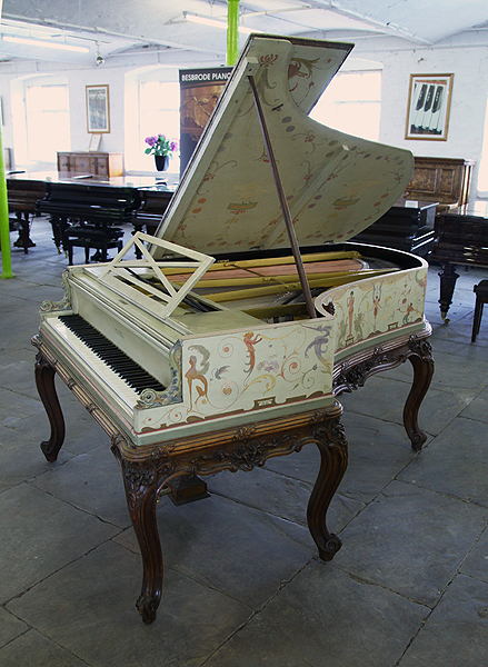Restored, 1893, Pleyel grand piano for sale hand-painted in Berainesque style. Signed by G. Meunier. Cabinet painted with singerie, fairies, satyrs, nudes, monkeys, mythical creatures, birds, flowers and crested composers names.