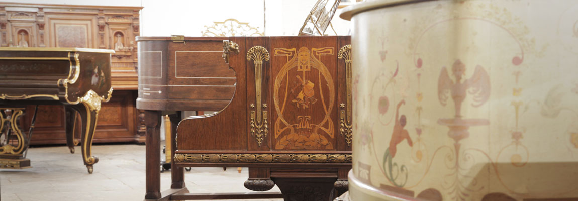 A curated, collection of unique, art cased pianos  from the height of European piano making on display at Besbrode Pianos Leeds