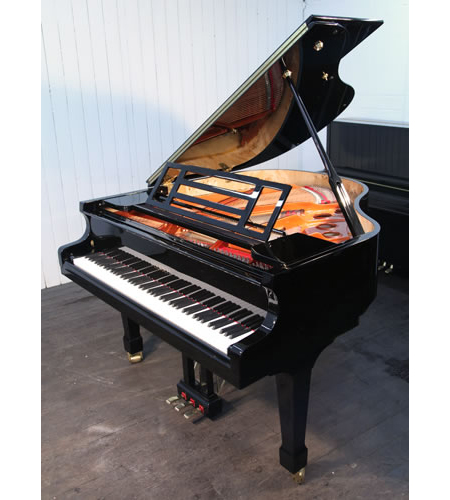 Brand new, Feurich Model 161 Professional grand piano with a black case and brass fittings. Piano has an eighty-eight note keyboard and a three-pedal piano lyre. 