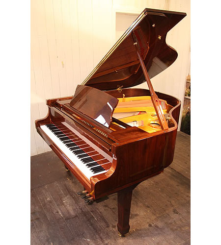 Brand new, Steinhoven GP160 baby grand piano with a mahogany case and polyester finish. Piano has an eighty-eight note keyboard and a three-pedal piano lyre.