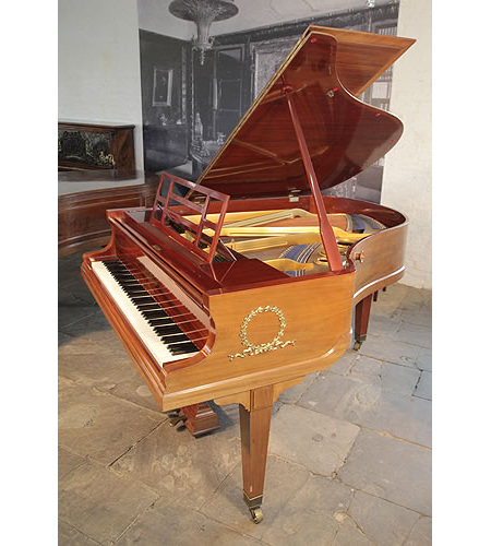 A 1914, Bluthner Grand Piano For Sale with a Walnut Case and Open Work Music Desk. Cabinet Features Ormolu Decoration of Laurel Wreaths on Piano Cheeks