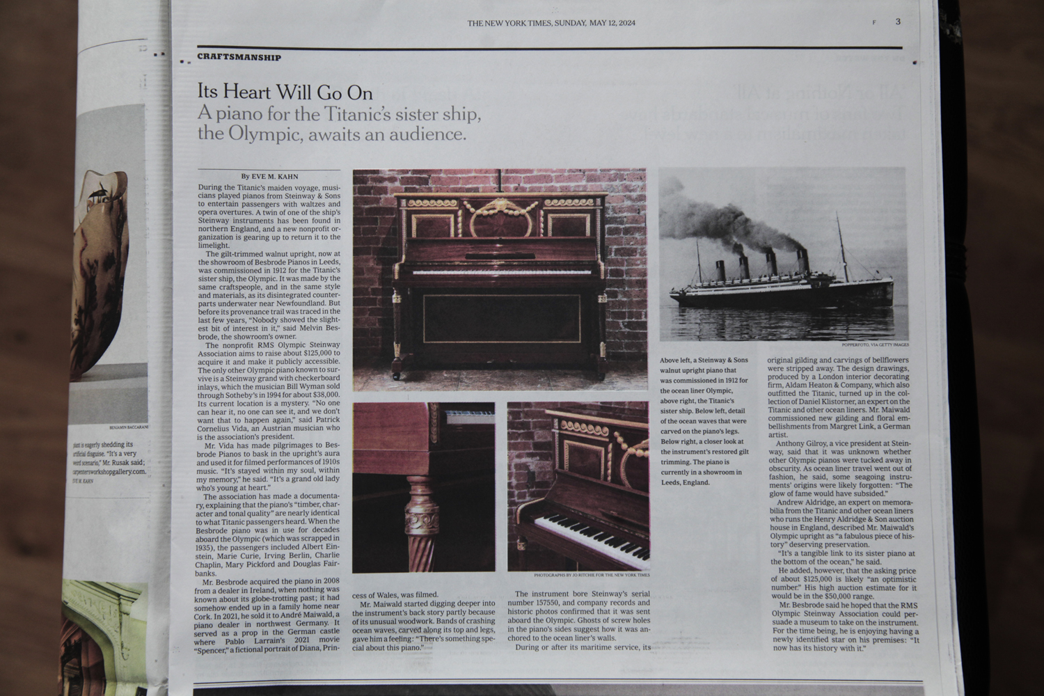 New York Times special spotlight on the RMS Olympic Steinway vertegrand