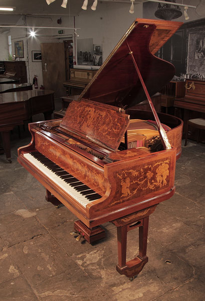 Restored, 1913, Lipp baby grand piano with a walnut case. Entire cabinet  inlaid with cherubs, figures and neoclassical motifs