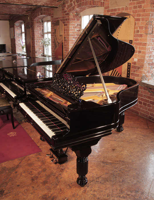 An 1889, Steinway Model A grand piano for sale with a black case and brass fittings. Piano has an eighty-five note keyboard and a two-pedal lyre