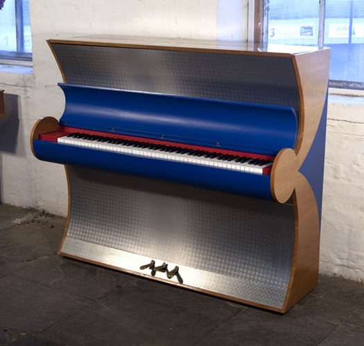 Art Deco Style,  Besbrode upright piano specially commissioned for the Frankfurt Fair 2000. Piano uniquely finished with aluminium and leather. Piano has an eighty-eight note keyboard and three pedals