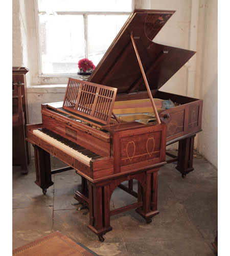Arts and Crafts, Bechstein Model VI grand piano with a mahogany case and copper mounts. Cabinet inlaid with hearts, bellflowers and celtic knotwork