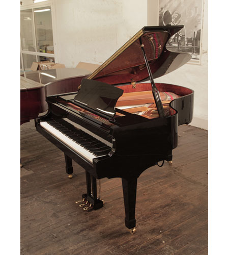 Edelweiss G66 grand piano for sale with a black gloss case and fitted iQ Pianodisc player system . Piano has an eighty-eight note keyboard and a three-pedal lyre. 