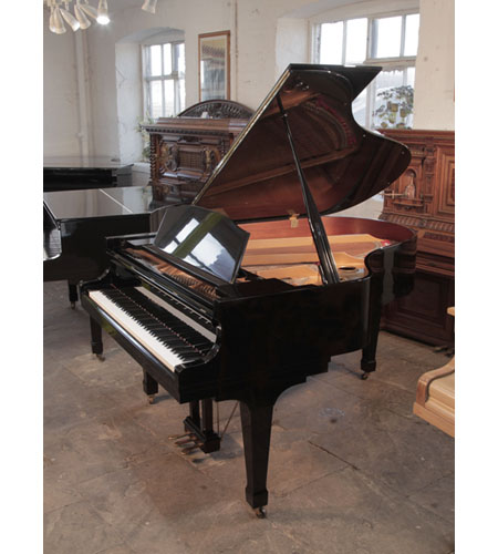 Reconditioned, 1985, Kawai GS-30 grand piano for sale with a black gloss case and spade leg. Piano has an eighty-eight note keyboard and a three-pedal lyre. 