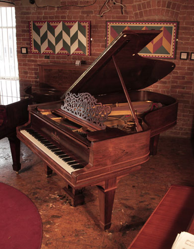 Restored, 1907, Steinway Model B grand piano for sale with a rosewood case, filigree music desk and spade legs. An elegant model B with antique cabinet styling and a rare finish.