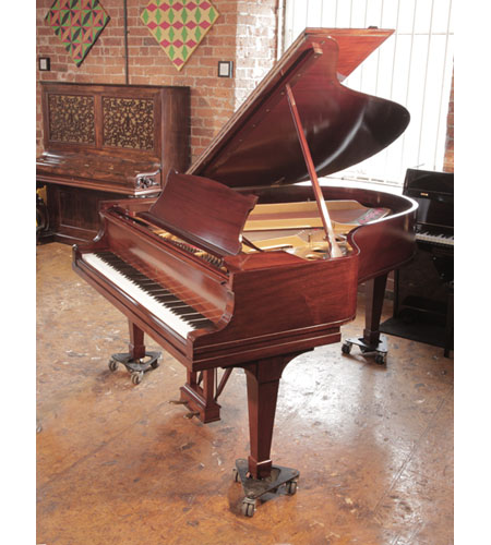Reconditioned, 1926, Steinway Model O grand piano for sale with a polished, mahogany case spade legs. Piano has an eighty-eight note keyboard and a two-pedal lyre.  